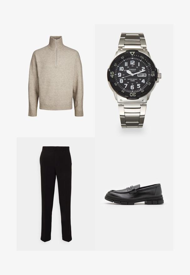 Jack & Jones JOROLLIE HALF ZIP - Strickpullover - atmosphere; Schwarze Hose mit geradem Schnitt, verfügt über eine glatte Textur und hat keine sichtbaren Muster oder Hardware. Klassisches Design mit klarer Silhouette.; Schwarze Lederloafer mit glatter Oberfläche, ausgestattet mit einem vorderen Riemendetail und einer klobigen Gummisohle mit gerippten Akzenten.; Metallquarzarmbanduhr mit schwarzem Zifferblatt, weißen Ziffern und Datumsanzeige. Verfügt über ein Edelstahlarmband und eine Wasserdichtigkeit von 100m.