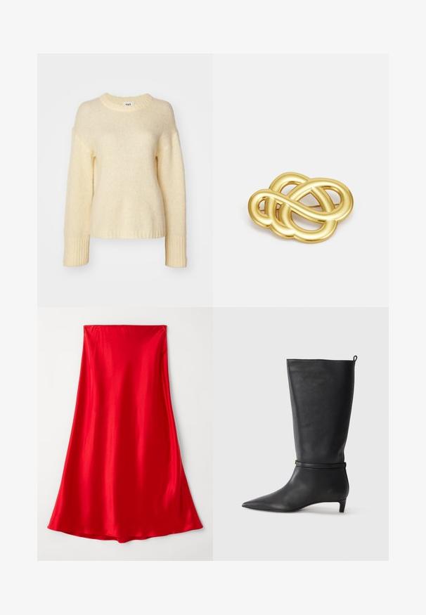 Krēmīgi balta adīta džemperis ar apaļu kakla izgriezumu, garām piedurknēm, ribotām aprocēm un mīkstu tekstūru. Brīva piegriezuma un bez pamanāmiem rakstiem.; Sarkans satīna svārki ar gludu tekstūru, pilna garuma, un plūstošu dizainu, kas sašaurinās pie apakšmalas. Vienkāršs, vienkrāsains bez rotājumiem.; Melnas ādas līdz ceļiem stīgas ar norādītu purngalu, akcentētas ar apaļu siksnu ap potīti un zemu, sašaurinātu papēdi. Gluda tekstūra.; Zelta toņa broša ar mezglota dizaina, gludām, izliekamām līnijām un sarežģītu formu, kas atspoguļo pulētu apdari.