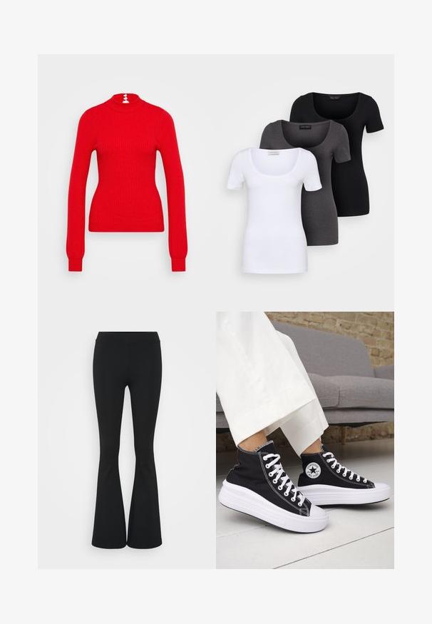 Suéter de cuello alto de canalé rojo con mangas largas y forma ajustada. La parte trasera tiene tres acentos de botones blancos en el cuello.; Tres camisetas ajustadas en blanco, gris y negro. Cada una cuenta con un escote amplio y mangas cortas. Están hechas de una tela suave y elástica.; Pantalones negros de campana hechos de una tela elástica, con una cintura alta y una textura suave. Los pantalones se ensanchan desde la rodilla.; Zapatillas altas negras con suelas de goma blancas y cordones blancos. Presentan un parche redondo con logo y costuras blancas contrastantes. Material de lona.
