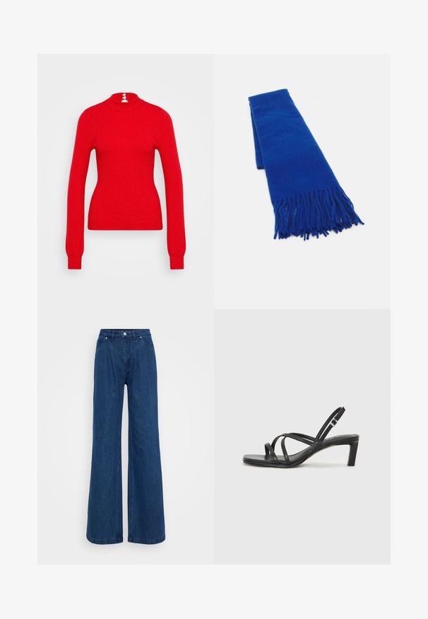 Punane soonikkoesed särk, millel on pikad varrukad ja keha liibuv kujundus. Seljal on kolm valget nööpi kaunistust kaela juures.; Hallise jalgadega sinised denim püksid kõrge vöökohaga, ees nupuga ja tõmbluku sulguri ning ees ja taga taskutega, lihtsa tausta ees.; Mustast rihmajalatsid ruudukujulise varba ja madala ploki kontsaga. Omab mitmeid õhukesi rihmasid ja reguleeritavat pahkluu rihma. Valmistatud siledast nahast.; Sinine kudumisega sall, millel on soonilised otstes, sile tekstuur, ristküliku kujuga ja ühtlane värv kogu ulatuses. Sobib külmade ilmade jaoks.; Kuldne sõrmus, mis on kujundatud tekstuurse, lainelise disainiga ja poleeritud viimistlusega, näidates keerulisi detaile ning regulaarse sobivuse jaoks vahega sõrmes.