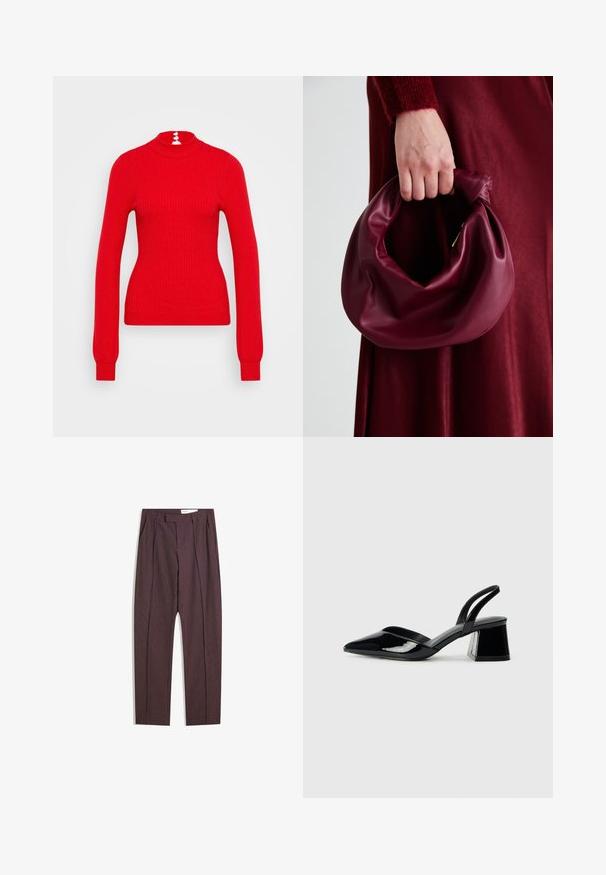 Roter gerippter Rollkragenpullover mit langen Ärmeln und taillierter Form. Am Rücken befinden sich drei weiße Knopfakzente am Kragen.; Lila gestreifte Hose mit Falten, hoher Taille und geradem Bein. Hergestellt aus einem glatten, strukturierten Stoff.; Schwarze Lackleder-Slingback-High Heels mit spitzem Schuh und einem geometrischen Blockabsatz. Verfügt über ein schlankes, minimalistisches Design und eine glatte Textur.; Burgunderleder-Handtasche mit einem weichen, gerafften Design und einer gerundeten Form. Der Griff ist gesichert und zeigt eine glatte Textur.