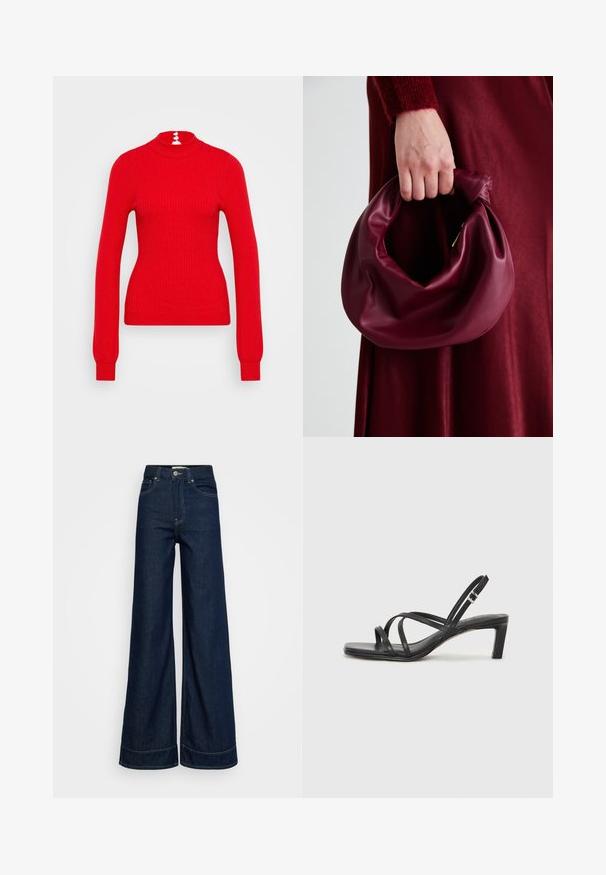 Červený rebrovaný svetér s rolákom, dlhými rukávmi a priliehavým strihom. Zadná časť má tri biele gombíky ako doplnok pri krku.; Tmavomodré vysoké široké nohavice s vreckami vpredu, s pútkami na opasok, zapínaním na gombík a viditeľným šitím na bielom pozadí.; Čierne sandále na vysokom podpätku so štvorcovou špičkou a nízkym blokovým podpätkom. Obsahujú viacero tenkých popruhov a nastaviteľný členkový popruh. Vyrobené z hladkej kože.; Burgundská kožená kabelka s mäkkým, zhromaždeným dizajnom a zaobleným tvarom. Rukoväť je pevne zaisťujúca a vystavuje hladkú textúru.