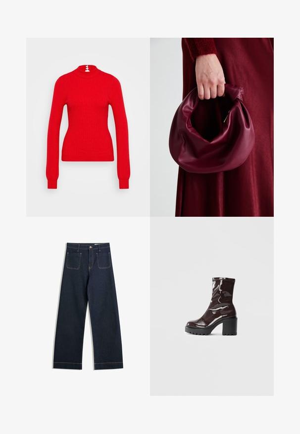 Pulover roșu cu guler înalt, texturat, cu mâneci lungi și o formă ajustată. Spatele are trei accente cu nasturi albi la gât.; Jeans largi de culoare albastru închis, din denim, cu cusături de un bej contrastant, două buzunare la spate și încheiere cu nasture la talie.; Botine lucioase burgundy, cu toc gros negru, având o textură netedă și un design simplu. Fără închideri sau modele vizibile.; Geantă de mână din piele burgundă, cu un design moale și pliat și o formă rotundă. Mânerele sunt securizate, evidențiind o textură netedă.
