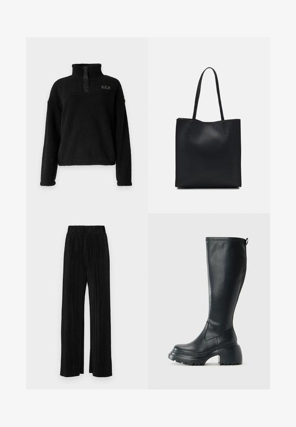 Zwarte fleecetopper met hoge kraag, drieknoopsluiting en geborduurd "GAP"-logo op de borst. Zachte textuur en ontspannen pasvorm.; Zwarte geplooide broek met een elastische tailleband. Beschikt over wijde pijpen en een glad, gestructureerd stof met verticale strepen.; Hoge zwarte leren laars met een chunky plateauzool en blokhak, voorzien van een trekband en een gestructureerd profiel op de buitenzool.; Zwarte leren handtas met een gladde textuur, rechthoekige vorm en twee lange handvaten. Geen zichtbare hardware of versieringen.