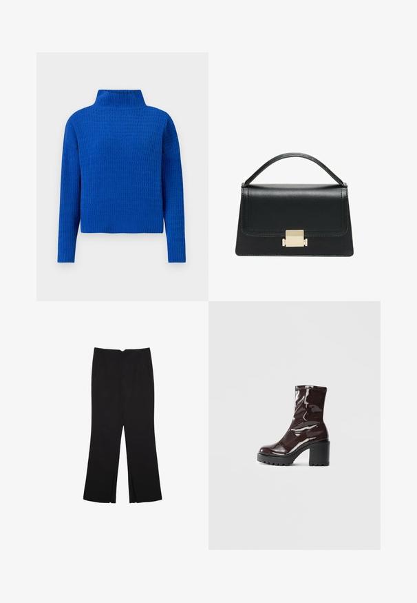 Blauer Strickpullover mit hohem Kragen, der ein strukturiertes, gemustertes Design und lange Ärmel aufweist; verkürzte Passform mit geripptem Saum.; Schwarze Hose mit geradem Schnitt, ausgestattet mit Fronttaschen und Seitenschlitzen am Saum. Hergestellt aus weichem, glattem Stoff. Geeignet für verschiedene Anlässe.; Glatte bordeauxrote Ankle Boots mit einem klobigen schwarzen Absatz, die eine glatte Oberfläche und ein einfaches Design aufweisen. Keine sichtbaren Verschlüsse oder Muster.; Schwarze Lederhandtasche mit strukturiertem Design, oberem Griff und einem goldenen Metallschnappverschluss auf der Vorderseite. Glatte Textur, minimale Nähte.