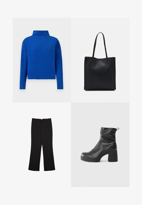 Pull en tricot bleu avec un col montant, présentant un design texturé à motifs et des manches longues ; coupe courte avec une finition côtelée.; Pantalon noir avec une coupe droite, doté de poches avant et d'éclairs sur l'ourlet. Fabriqué en tissu doux et lisse. Convient à diverses occasions.; Bottes noires à la cheville en cuir lisse, dotées d'une fermeture éclair sur le côté, d'un talon épais texturé et d'une conception à bout rond.; Sac fourre-tout en cuir noir avec une texture lisse, de forme rectangulaire et deux longues poignées. Pas de matériel ou d'ornementations visibles.