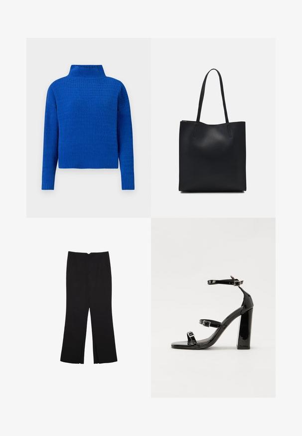 Blue knitted sweater with a high neck, featuring a textured, patterned design and long sleeves; cropped fit with ribbed hem.; Black trousers with a straight fit, featuring front pockets and side slits at the hem. Made of soft, smooth fabric. Suitable for various occasions.; Black patent heeled sandals with a square toe, ankle straps, and silver buckles. Features a chunky block heel for stability.; Black leather tote bag with smooth texture, rectangular shape, and two long handles. No visible hardware or embellishments.
