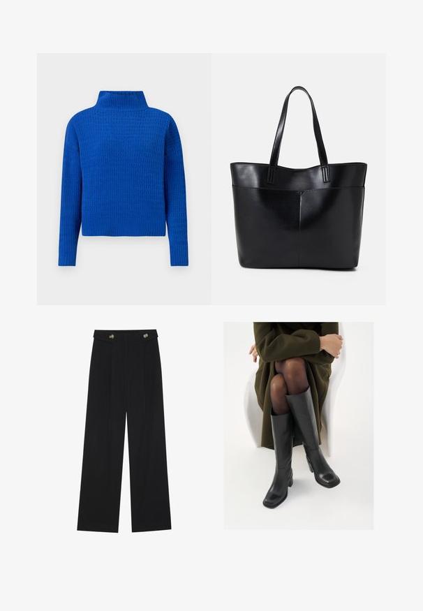 Blue knitted sweater with a high neck, featuring a textured, patterned design and long sleeves; cropped fit with ribbed hem.; Black wide-leg trousers with high waist, button details on waistband, and front pleats.; Knee-high black leather boots with a squared toe and block heel, shown with a model seated in an olive green coat. Smooth texture, minimal detailing.; Black leather tote bag with two long handles, a smooth texture, and a structured shape. Features a front pocket for additional storage.