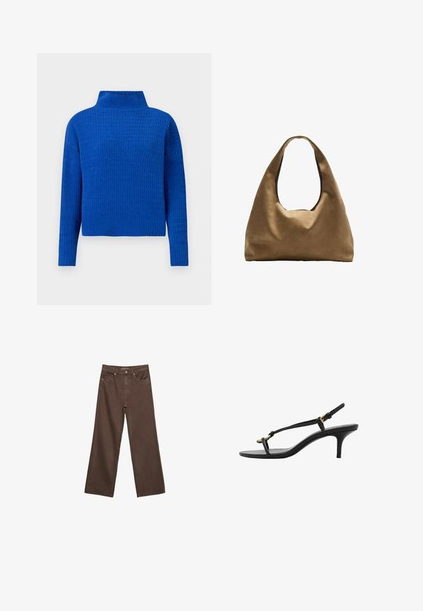 Pull en tricot bleu avec un col montant, présentant un design texturé à motifs et des manches longues ; coupe courte avec une finition côtelée.; Jean brown à jambes larges en denim, doté d'une taille haute, de poches avant et d'une fermeture à bouton classique. Texture lisse avec des coutures subtiles.; Sandale à talon aiguille noire en cuir avec des fines bandoulières, boucle dorée et une boucle pour les orteils minimaliste sur fond blanc.; Sac à épaule en tissu marron avec un corps large et arrondi et une grande poignée découpée. Texture douce, design minimaliste et aucun matériel visible.