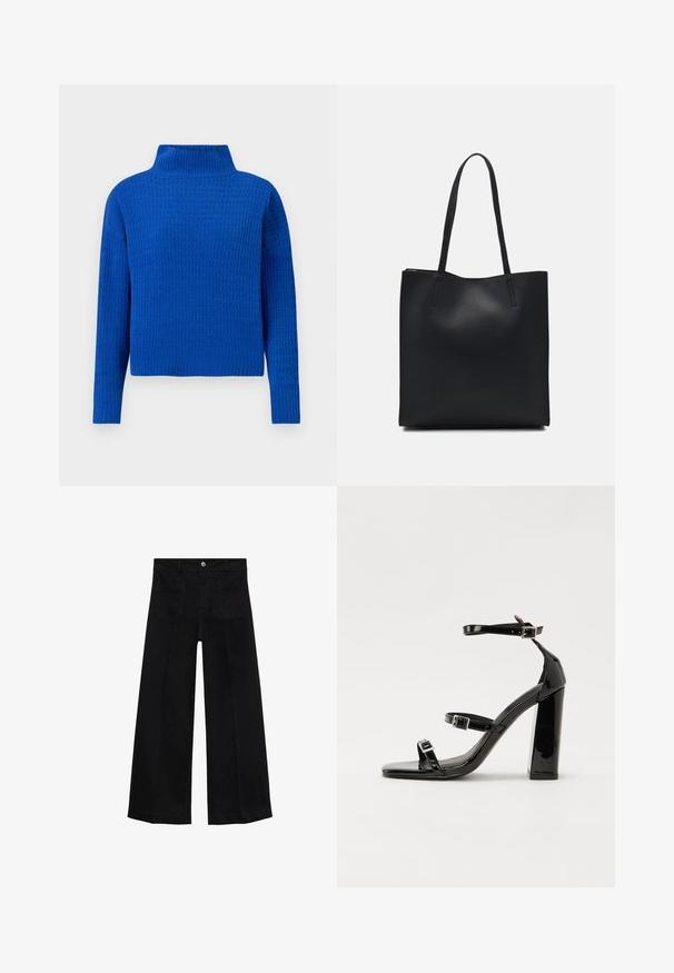 Sininen neulepaita, jossa on korkea kaulus, jossa on teksturoitu, kuvioitu muotoilu ja pitkät hihat; lyhyt malli ribbaatulla helmalla.; Mustat leveät farkut korkea vyötärö, etutaskut, vyölenkit ja nappikiinnitys.; Musta kiiltävä korkokenkä sandaalit neliönmuotoisella varpaalla, nilkkaremmillä ja hopeisilla soljilla. Varustettu tukevalla lohkokorkealla vakauden takaamiseksi.; Mustapahkainen kangaskassi, jossa on sileä pinta, suorakaiteen muotoinen ja kaksi pitkää kahvaa. Ei näkyvää metalliosaa tai koristeita.