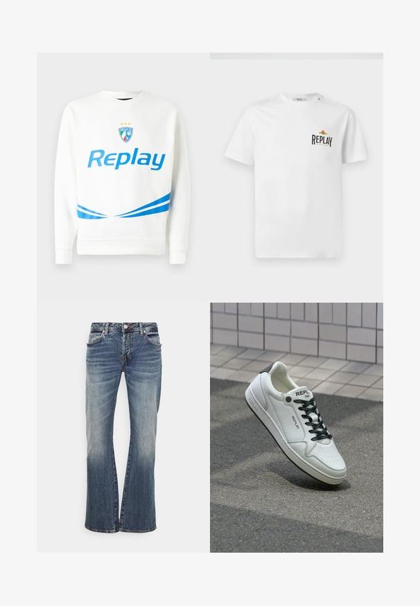 Hanorac alb cu un logo albastru "Replay", un emblema a echipei cu stele și dungi diagonale albastre la talie și manșete. Textură moale.; Tricou din bumbac alb cu mâneci scurte, având un logo negru și auriu "REPLAY GRAND HOTEL" pe partea stângă a pieptului. Design simplu, croială obișnuită.; Jeans din denim de un albastru deschis, cu un design evazat, având talie standard, cinci buzunare și zone decolorate pentru un aspect uzat.; Sneakers albe din piele cu vârf perforat, șireturi negre și accent pe toc. Prezintă brandingul "REPLAY" și o talpă solidă din cauciuc.