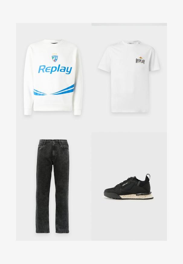 Biely mikina s modrým logom "Replay", tímovým erbom so hviezdami a modrými diagonálnymi pruhmi na páse a rukávoch. Mäkká textúra.; Biela bavlnená tričko s krátkymi rukávmi, s čiernym a zlatým logom "REPLAY GRAND HOTEL" na ľavom prsníku. Jednoduchý dizajn, klasický strih.; Čierne riflové nohavice so strihom rovného nohavice, ktoré majú päť vreciek, zapínanie na gombík a jemné vyblednutie na látke.; Replay FIELD MELT 25 - Tenisky - black