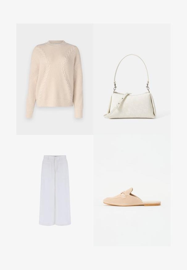 Maglione beige lavorato a maglia con un design a trecce testurizzate, colletto a girocollo e polsini e orlo a costine. Realizzato in un materiale morbido e caldo.; Pantaloni bianchi a gamba larga con una texture liscia, dotati di due tasche frontali e chiusura a bottone, progettati per un fit rilassato.; Mocassini slip-on in suede beige con punta chiusa, dotati di un dettaglio decorativo a fibbia e suola piatta in sughero. Tessuto liscio con design minimale.; Borsa bianca con texture liscia, silhouette curva e tracolla regolabile. Presenta un sottile motivo con logo e accenti in metallo argentato.