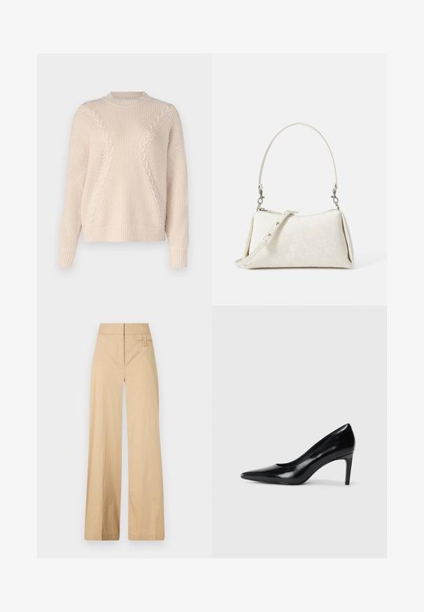 Beige gestrickter Pullover mit einem strukturierten Zopfmuster, Rundhalsausschnitt und gerippten Bündchen und Saum. Hergestellt aus einem weichen, warmen Material.; Beige weite Hosen aus Baumwollmischgewebe. Sie haben eine glatte Textur, einen elastischen Bund und eine seitliche Knopfdetail.; Schwarzer Lederhochschuh mit spitzem Zehenbereich, glatter Textur und schmalem Absatz. Minimalistisches Design, keine zusätzlichen Verzierungen.; Weiße Handtasche mit glatter Textur, geschwungener Silhouette und verstellbarem Schulterriemen. Verfügt über ein dezentes Logo-Muster und silberne Hardware-Akzente.