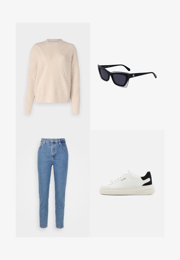 Maglione beige lavorato a maglia con un design a trecce testurizzate, colletto a girocollo e polsini e orlo a costine. Realizzato in un materiale morbido e caldo.; Jeans blu a vita alta, con gamba dritta, dotati di bottone e cerniera frontale, passanti per cintura e tasche, esposti su uno sfondo bianco semplice.; Sneaker bianchi in pelle con suola spessa bianca, accento in suede nero sul tallone e logo impresso sul lato. Design con lacci e sei fori per i lacci.; Occhiali da sole oversize neri dalla forma geometrica, con lenti scure e un dettaglio grigio a contrasto sulla montatura. Logo sul braccio.; Orecchini a cerchio in argento con una finitura liscia e lucente. Forma arrotondata, design leggero, con chiusura a perno.