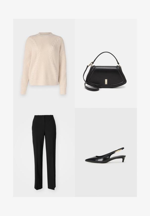 Beige knitted sweater featuring a textured cable design, crew neck, and ribbed cuffs and hem. Constructed from a soft, warm material.; Black tailored trousers with a straight-leg design, featuring a smooth texture and crisp creases along the front. No visible hardware.; Black leather slingback heels with a pointed toe, featuring a slim heel and a gold-tone accent on the adjustable strap. Smooth texture.; Black leather handbag with a structured design, featuring a cropped shape, top handle, and gold hardware accent. Adjustable shoulder strap included.