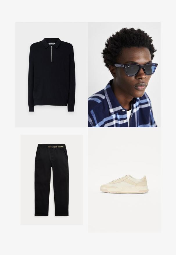 Dark navy pullover sweater with a ribbed texture, featuring a classic collar and a quarter zip at the front. Long sleeves and slim fit.; Black pants made of lightweight fabric, featuring an elastic waistband with an integrated green belt, straight-leg cut, and side pockets.; Beige sneaker made of smooth leather and textile; low-profile design with round toe and lace-up closure; textured side accents.; Blue Ray-Ban sunglasses with a glossy finish, square shape, and dark lenses; worn with a navy and light blue plaid shirt.