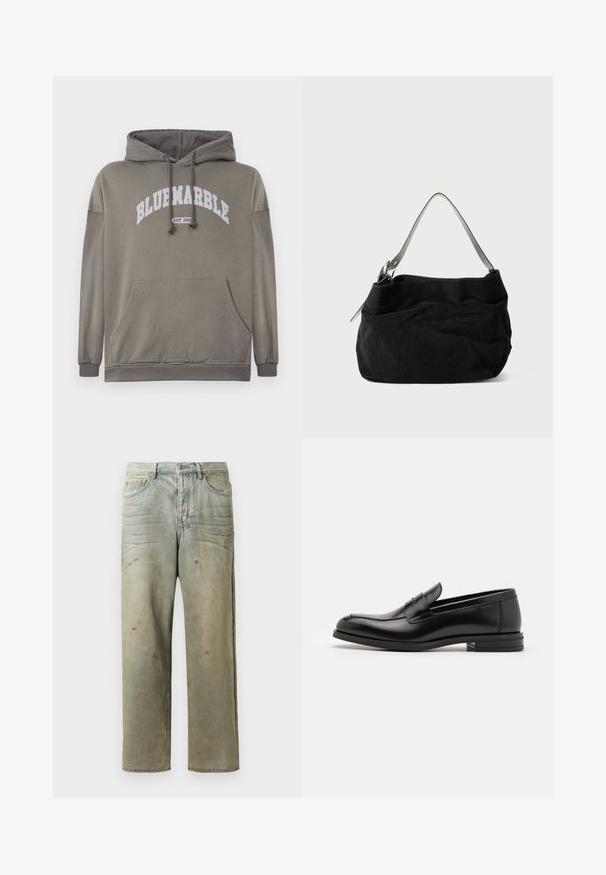 Hanorac de culoare verde olive, cu buzunar frontal, glugă cu șnur și grafică albă "BLUEMARBLE EST. 2015". Prezintă manșete și tiv cu nervuri.; Tricou din bumbac albastru închis, cu mâneci scurte, guler rotund, prezentând un design texturat al logo-ului pe piept într-o nuanță mai deschisă.; Jeans din denim uzat, de culoare verde deschis, cu un croi drept, design cu cinci buzunare, și decolorare inegală cu stropi de vopsea.; Mocasini din piele neagră cu o textură netedă, vârf rotund și o curea decorativă peste partea superioară. Toc mic, design minimalist.; Geantă din nubuc negru, cu un design moale și lejer. Dispune de o curea de umăr subțire din piele netedă și detalii subtile de cusătură.