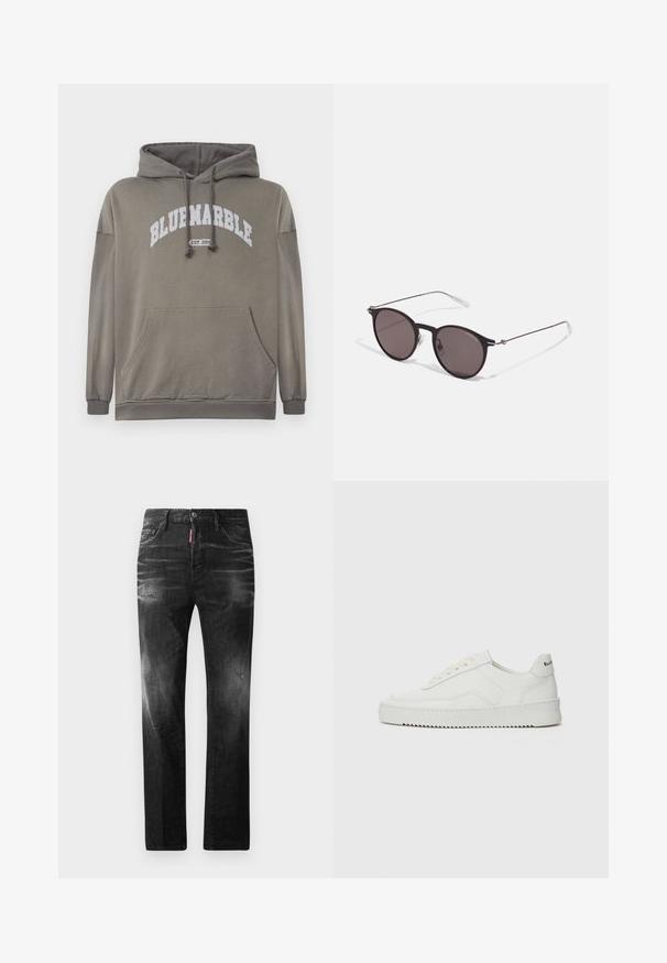 Felpa verde oliva con tasca frontale, cappuccio con lacci e grafica bianca "BLUEMARBLE EST. 2015". Presenta polsini e bordo a coste.; Jeans in denim nero con vestibilità dritta. Presentano aree sbiadite, leggeri segni di usura, classico design a cinque tasche e chiusura con bottone.; Sneaker in pelle bianca con una finitura liscia, punta rotonda, lacci piatti e suola testurizzata. Presenta un logo discreto sul tallone.; Occhiali da sole neri rotondi con lenti scure e sottili bracci in metallo. Include punte trasparenti e accenti argentati alla cerniera. Design minimalista.