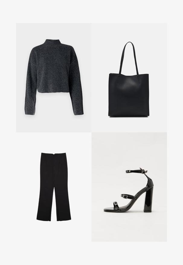 Střižený, tmavě šedý svetr s vysokým límcem a dlouhými rukávy. Vyrobený z texturované pleteniny s jemným vzorem po celém povrchu.; Černé kalhoty s rovným střihem, s předními kapsami a bočními rozparky na lemu. Vyrobené z jemné, hladké tkaniny. Vhodné na různé příležitosti.; Černé lakované sandály na podpatku se čtveratou špičkou, lýtkovými pásky a stříbrnými přezkami. Disponují masivním blokovým podpatkem pro stabilitu.; Černá kožená taška přes rameno s hladkým povrchem, obdélníkovým tvarem a dvěma dlouhými uchy. Žádné viditelné kování ani ozdoby.