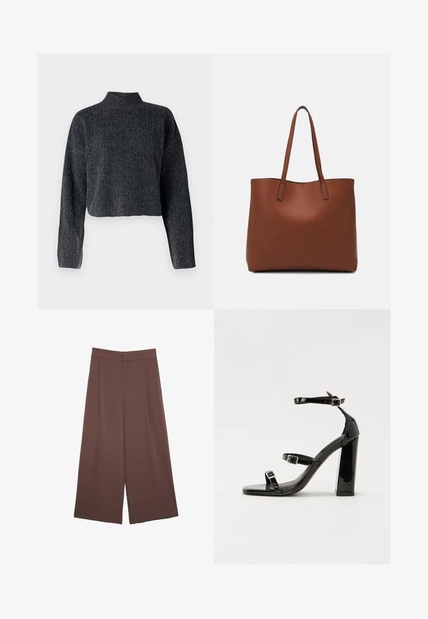 Maglione grigio scuro a maniche lunghe e collo alto, tagliato. Realizzato in tessuto lavorato a maglia testurizzato con un motivo sottile su tutta la superficie.; Pantaloni ampi marroni con una texture liscia, caratterizzati da una vita alta e pieghe frontali. Il tessuto è leggero e scorre liberamente.; Sandali con tacco in vernice nera, con punta squadrata, cinturini alla caviglia e fibbie in argento. Presentano un tacco a blocco spesso per maggiore stabilità.; Borsa tote in pelle marrone con texture liscia, design con apertura superiore e due spallacci. Presenta cuciture minime e nessun hardware visibile.
