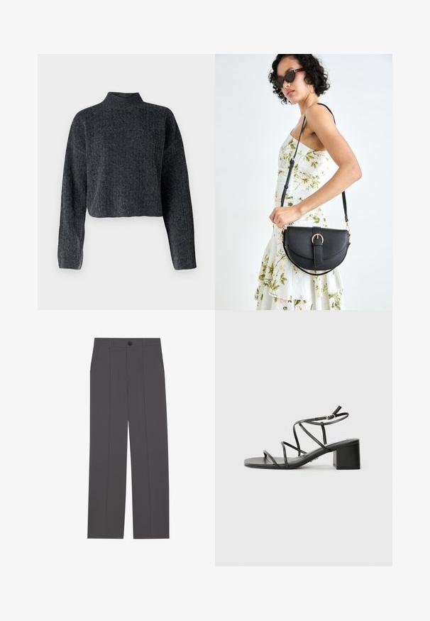 Skraćeni, tamnosivi pulover s visokim ovratnikom i dugim rukavima. Izrađen od teksturirane pletene tkanine s suptilnim uzorkom.; Sive hlače s ravnim krojem, koje imaju dva bočna džepa i dugme za zatvaranje. Glatka tkanina bez vidljivih uzoraka ili akcenata.; Crne sandale s remenima, sa četvrtastim nosom i debelim potplatom, izrađene od glatkog materijala. Imaju podesive remenčiće oko gležnja i minimalne metalne detalje.; Crna kožna torba s lukovitim oblikom, odvojivim remenom i zlatnim detaljima. Torba ima preklop s kopčom.