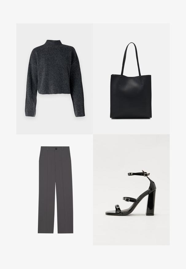 Maglione grigio scuro a maniche lunghe e collo alto, tagliato. Realizzato in tessuto lavorato a maglia testurizzato con un motivo sottile su tutta la superficie.; Pantaloni grigi con un design a gamba dritta, dotati di due tasche laterali e chiusura con bottone. Tessuto liscio senza motivi o accenti visibili.; Sandali con tacco in vernice nera, con punta squadrata, cinturini alla caviglia e fibbie in argento. Presentano un tacco a blocco spesso per maggiore stabilità.; Borsa tote in pelle nera con texture liscia, forma rettangolare e due manici lunghi. Nessun hardware o decorazione visibile.