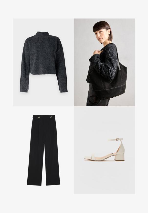 Przycięty, ciemnoszary sweter z wysokim dekoltem i długimi rękawami. Wykonany z strukturalnej dzianiny z subtelnym wzorem na całej powierzchni.; Czarne szerokie spodnie z wysokim stanem, z detalami w postaci guzików na pasku oraz plisami z przodu.; Beżowe sandały na słupku z kwadratowym przodem. Posiadają cienki pasek na kostkę z klamrą, gładką skórzano-podobną fakturę oraz umiarkowaną wysokość obcasa.; Czarna torba tote zamszowa o gładkiej fakturze, strukturalnym kształcie i kontrastowym przeszyciu. Posiada długie rączki do noszenia na ramieniu.