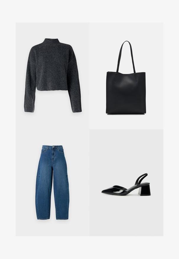 Kraten, temno sivi pulover z visokim ovratnikom in dolgimi rokavi. Narejen je iz strukturirane pletene tkanine z diskretnim vzorcem po celotni površini.; Jeans iz denima v srednjem modrem pranju, z visokim pasom, širokim krojem nogavic in standardnim pet-imenskim dizajnom s vidnimi šivi.; Črne lakirane slingback pete s koničastim nosom in geometrijsko blokasto peto. Imajo eleganten, minimalističen dizajn in gladko teksturo.; Črna usnjena torba s svilnato teksturo, pravokotne oblike in dvema dolgima ročajema. Brez vidnih metalnih delov ali okrasnih elementov.