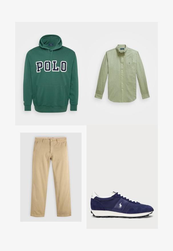 Hoodie verde feito de uma mistura de algodão, com um bolso frontal, punhos e barra canelados, e logo "POLO" em branco e azul-marinho.; Camisa de botão de manga longa verde-claro, com colarinho pontudo, um pequeno logótipo bordado no peito e botões de pérola.; Chinos caqui com perna reta, apresentando dois bolsos frontais e uma cintura com argolas para cinto. Feitos de um tecido de algodão macio e durável.; Sapatilhas azul-marinho com uma combinação de camurça e tecido, atacadores brancos, sola de borracha e um pequeno logótipo na lateral.