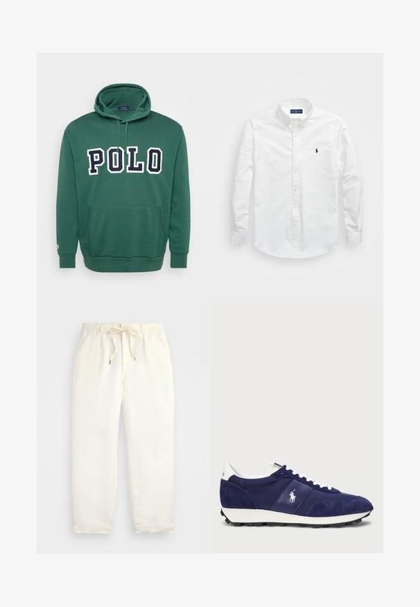 Πράσινη hoodie φτιαγμένη από μείγμα βαμβακιού, με μπροστινή τσέπη, ριμπ μανσέτες και ίσιο στρίφωμα, με το λογότυπο "POLO" σε λευκό και ναυτικό.; Λευκό πουκάμισο με κουμπιά φτιαγμένο από βαμβάκι. Διαθέτει μυτερό γιακά, μακριά μανίκια και μικρό ναυτικό λογότυπο στο στήθος. Λείο υλικό.; Απαλή κρέμα, χαλαρές παντελόνες φτιαγμένες από μαλακό ύφασμα. Διαθέτουν ελαστική μέση με κορδόνι, και σχέδιο κωνικού ποδιού.; Ναυτικές αθλητικές μπότες με συνδυασμό σουέτ και ύφασμα, λευκές στριφτές, καουτσούκ σόλα και μικρό λογότυπο στο πλάι.