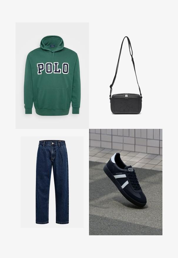 Zaļš kapucis, izgatavots no kokvilnas maisījuma, ar priekšējo kabatu, ribotām aprocēm un apakšmalu, ar "POLO" logo baltā un tumši zilā krāsā.; Tumši zilie džinsu bikses ar taisna kāju dizainu. Iezīmējas redzamas šuves, pogu aizdare un priekšējie gurni papildu detaļām.; Melnā ādas sporta apavi ar baltām svītrām, teksturēta gumijas zole un auklu aizdare. Iekļauj zīmola etiķeti uz mēles.; Melna ādas soma uz pleca ar zīmolu, slēdzamu rāvējslēdzēju un regulējamu siksnu. Gluda tekstūra un taisnstūru forma.