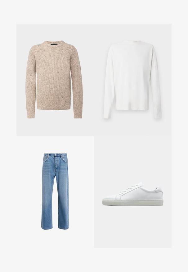 Beige sweater with a textured knit, round neckline, and long raglan sleeves. Features small colorful flecks throughout the fabric.; Long-sleeved white cotton shirt with a round neckline, side slits at the bottom, and a smooth texture, displayed from the back.; Light blue denim jeans with a straight-leg design, five pockets, button closure, minimal fading, and contrasting stitching details.; White sneaker with a smooth leather upper and a low profile. Features a rounded toe, six eyelets, and a textured rubber sole.