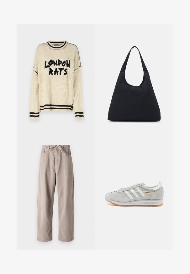 The Ragged Priest LONDON RATS - Džemper - ecru/black; Beige kammkootud püksid, millel on mugav lõige, paelaga vöökoht, kaks eesmist taskut ja vertikaalne soonik tekstuur.; Heled hallid tossud, mis on valmistatud nubukist ja võrgust, millel on kolm valget triipu, ümmargune varvas ja kummist tald. Kuldne logoelement paelte lähedal.; Mustmust kott ühe laia õlarihmaga. Pehme, poolstraktureeritud kuju ja sile tekstuur; minimalistik disain, ilma nähtava riistvarata.; Kuldtooni metallist kõrvarõngas, millel on elegantne ja kaarjas disain. Omab silmapaistvat teravat kuju, poleeritud pinda ja hingesulgemist.