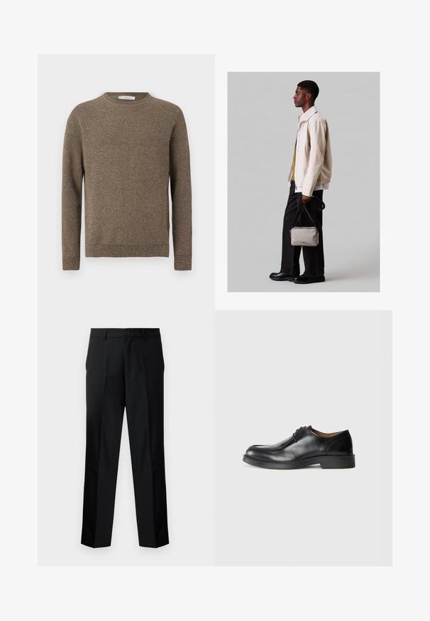Brun texturerad stickad långärmad tröja med rund halsringning och ribbade ärm- och nederkanter.; Svarta skräddarsydda byxor med rak passform, med knappstängning, dragkedja och bälteshällor. Slät tyg med sidofickor.; Svart läder dressko med rund tå, slät yta, snörningsdetaljer och en låg, texturerad gummisula. Rena linjer och minimalistisk design.; Ljusbeige jacka med elastisk nederkant, tillsammans med en grön skjorta och svarta byxor. Bär en liten grå axelväska. Svarta skor.