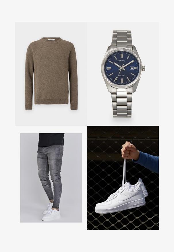 Rjava teksturirana pletena majica z dolgimi rokavi, okroglo izrezana, z rebrastimi manšetami in robom.; Oprijete jeans hlače iz izbledele sive denima, z obrabljenimi detajli na kolenih, v kombinaciji z belimi športnimi copati. Gladka tekstura, oblikovan slim fit dizajn.; Bela usnjena športna obutev s perforacijami, okroglo konico, ravnim podplatom in debelimi vezalkami, z vidnim logotipom smoosh in napisom "AIR" na peti.; Srebrna nerjaveča jeklena ura z modrim številčnico, kovinskimi kazalci ter oknom za datum na 3. uri. Vodoodporna do 50 metrov.