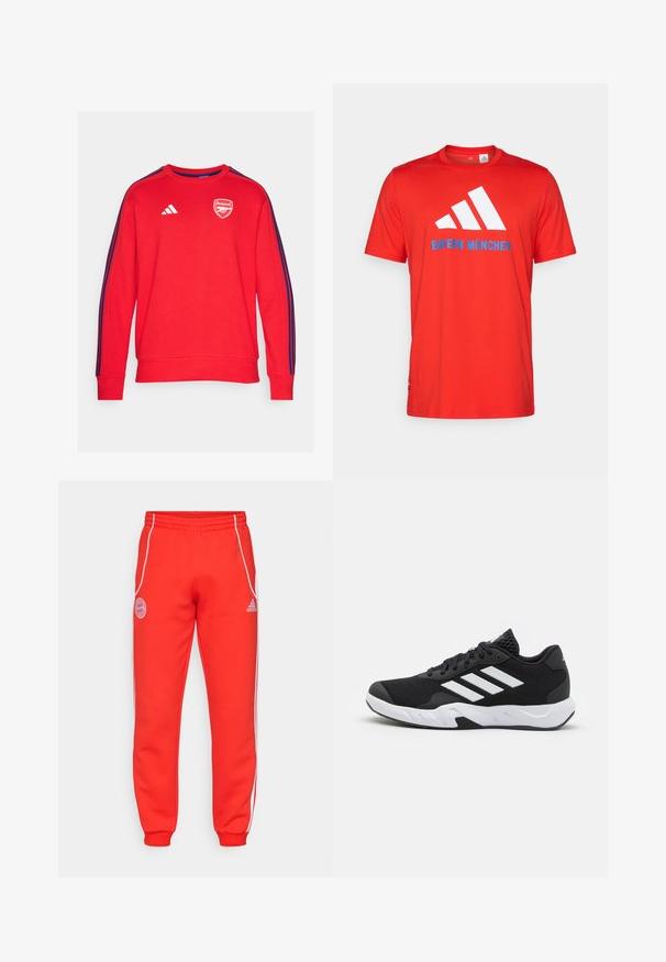adidas Performance ARSENAL FC DNA SWEAT - Sweatshirt - better scarlet; Rød bomulds T-shirt med et hvidt tre-stribe logo og "BAYERN MÜNCHEN" i blå. Rund hals og korte ærmer, enkelt design.; Røde sweatpants med elastisk talje, hvide sidelister og logo-detaljer på hoften og nederste ben. Lavet af blød stof med ribbet manchetter.; Sorte atletiksko med en tekstureret mesh-overdel, hvide accentstriber, en polstret sål og en forstærket hæl for støtte.