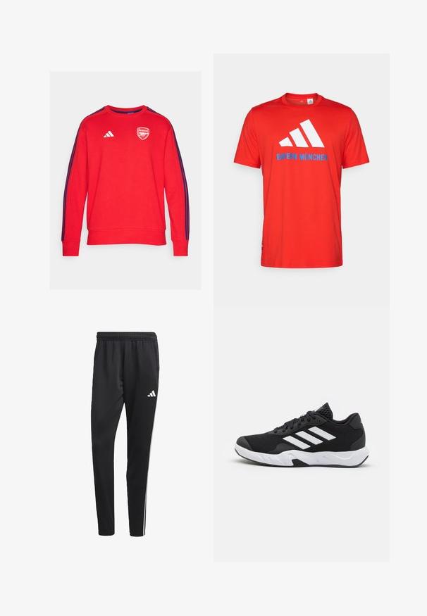 adidas Performance ARSENAL FC DNA SWEAT - Mikina - better scarlet; Červené bavlnené tričko s bielym logom s tromi pruhmi a textom "BAYERN MÜNCHEN" v modrej farbe. Okrúhly výstrih a krátke rukávy, jednoduchý dizajn.; Čierne športové nohavice s elastickým pásom, bielymi bočnými pruhmi a malým bielym logom na stehne. Vyrobené z hladkého, ľahkého materiálu.; Čierne športové topánky s textúrovaným sieťovinovým zvrškom, bielymi akcentovými pruhmi, polstrovanou podrážkou a spevneným pätou pre podporu.