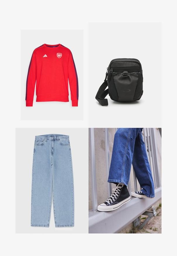 adidas Performance ARSENAL FC DNA SWEAT - Felpa - better scarlet; Jeans in denim azzurro chiaro con design a gamba dritta, caratterizzati da una vita media, cinque tasche e chiusura con bottone e zip.; Scarpe da ginnastica nere alte con suola e lacci bianchi, abbinate a jeans di denim blu larghi, appoggiate su un parapetto grigio.; Borsa a tracolla nera in nylon con scomparti con zip, superficie testurizzata, tracolla regolabile e dettaglio del logo sulla parte anteriore. Design compatto.