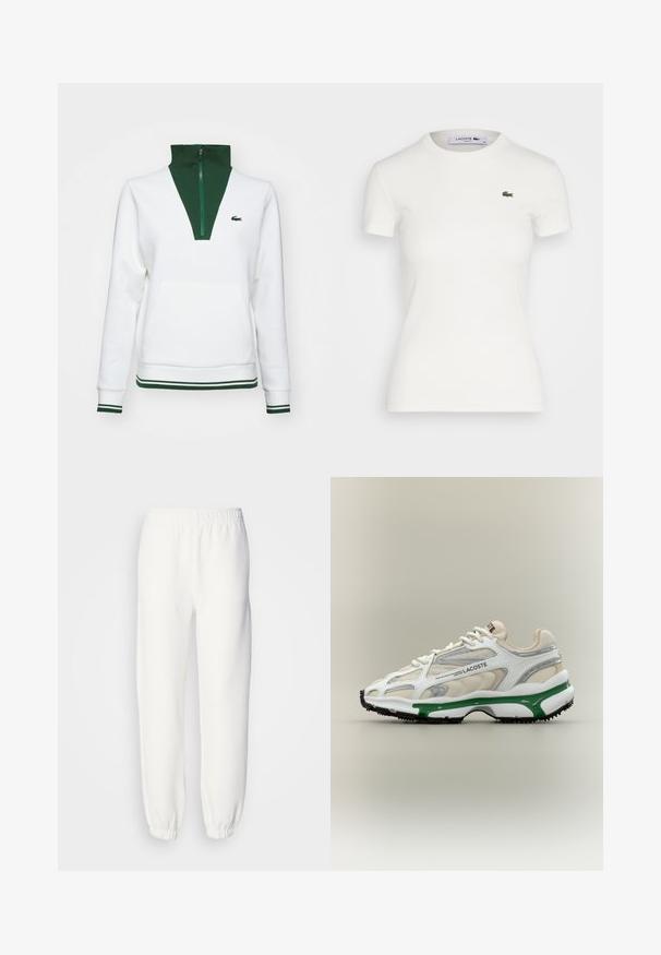 Valge sviiter, millel on roheline kõrge krae ja tõmblukk, kahepoolsed taskud ja triibulised rohelised detailid varrukatel ja allservas. Lacoste logo on nähtav.; Valge lühikese varrukaga ribakootud T-särk ümarate kaelustega ning vasakul rinnal väike roheline Lacoste krokodilli logo. Sile puuvillane kangas.; Valged dressipüksid pehmest kootud kangast. Elastne vöökoht ja mansetid tagavad mugava istuvuse. Minimalistlik disain, ilma silmapaistvate mustrite või aktsentideta.; Lacoste'i tennisajal on valge võrkmaterjalist ülaserv, millel on hõbedased ja rohelised aktsendid, tekstuurilised detailid ning must kummist põhi, millel on lilla rõhuasetus.
