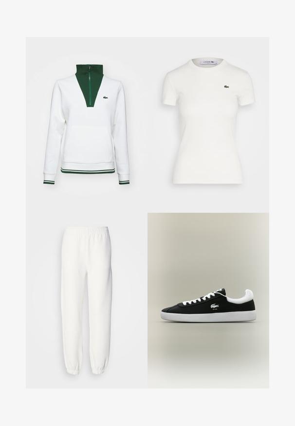 Hvit genser med grønn høy krage og glidelås, med kengurulomme og stripete grønne detaljer på mansjettene og kanten. Lacoste-logo vist.; Hvit kortermet ribbestrikket t-skjorte med rund hals og en liten grønn Lacoste krokodillelogo på venstre bryst. Glatt bomullsstoff.; Hvite joggebukser laget av myk, strikket stoff. Elastisk midje og mansjetter gir en avslappet passform. Minimalistisk design, ingen synlige mønstre eller detaljer.; Svart lav sneakers med hvit såle, hvite lisser og hvit kragepolstring, med en liten brodert krokodillelogo på siden.