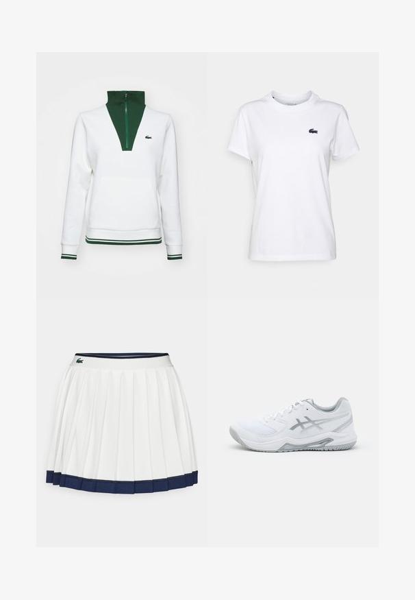 Balta džemperis su žaliu aukštu apykakle ir užtrauktuku, su kengūros kišene ir dryžuotomis žalio spalvos detalėmis ant rankovių ir apatinio krašto. Rodomas Lacoste logotipas.; Balta medvilnės marškinėliai su apvaliu kaklu, trumpomis rankovėmis ir mažuoju tamsiai mėlynu logotipu kairėje krūtinės pusėje. Lygi tekstūra, laisvalaikio dizainas.; Balta plisuota sijonas su tamsiai mėlynu juosmeniu ir hemu. Pagamintas iš minkštos medžiagos, su horizontaliomis juostelėmis juosmenyje, sukurtas patogumui.; Baltasis sportinis batelis su tinklo ir sintetinėmis medžiagomis, turi pilkas akcentus ir raištelius, tekstūruotą padas, išlenktą dizainą ir logotipo detalę.