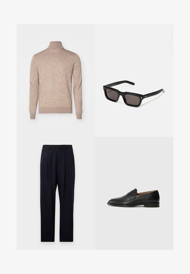 Tiger of Sweden NEVILE - Pulover - beige melange; Mornarsko modri hlače ravnega kroja, narejene iz teksturirane tkanine, z dvema sprednjima gubama, zankami za pas in zadrgo.; Črne usnjene loferice z zaobljenim prstom, subtilnim šivanjem in nizkim petam, ki se odlikujejo po gladki teksturi in minimalističnem oblikovanju.; Črne pravokotne sončna očala s temnimi lečami, debelim plastičnim okvirjem, zlatimi detajli na templjih in izgravirano blagovno znamko na ročaju.