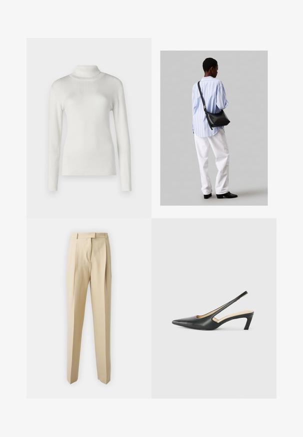 Fehér bordás garbó pulóver hosszú ujjal. Fitt fazonja és sima textúrája van, amely alkalmas rétegezésre.; Beige szabott nadrág egyenes szabással, pliszékkel, derekújjjal és sima felülettel. Nincsenek látható zsebek vagy díszítések.; Fekete, hegyes orrú, slingback cipő alacsony sarkával, sima bőrből készült, oldalt kivágott deisgnal a légáteresztőképesség érdekében.; Fekete bőr válltáska puha tapintással, háromszög alakú, állítható pánttal, világoskék csíkos inggel és fehér nadrággal párosítva.