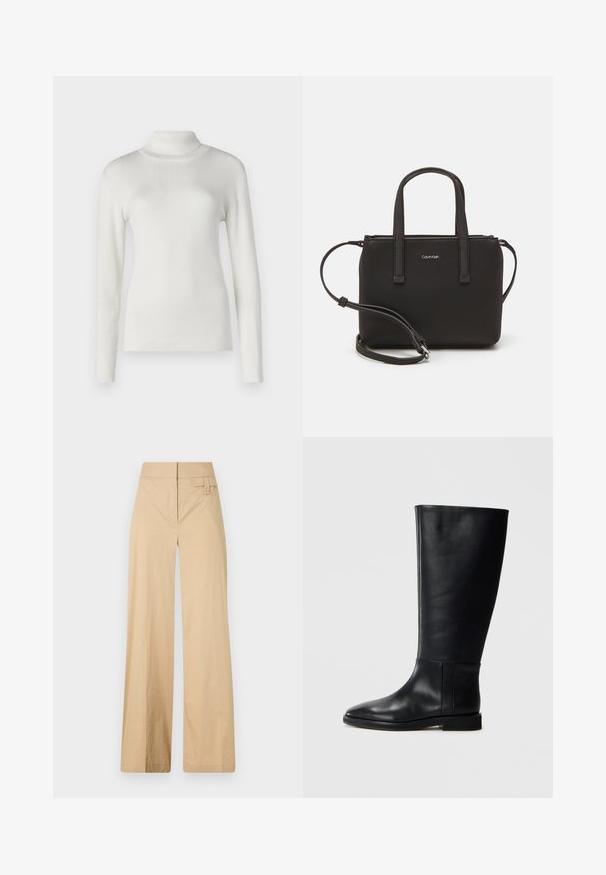 Balta ribota augsta kakla džemperis ar garām piedurknēm. Izaudzis dizains ar gludu tekstūru, piemērots slāņošanai.; Beige platajuma bikses, kas izgatavotas no kokvilnas maisījuma auduma. Tām ir gluda tekstūra, elastīga josta un sānu pogu detaļa.; Melnas ādas līdzceļgala zābaki ar noapaļotu pirkstu, gludu tekstūru, minimālistisku dizainu un plakanu zoli. Vienkāršas šuvju detaļas uz zābaku augšdaļas.; Melns roku soma ar divām īsām rokturiem un noņemamu plecu siksnu. Gluda ādas līdzīga materiāla ar rāvējslēdzēja aizdari un logos detaļu.