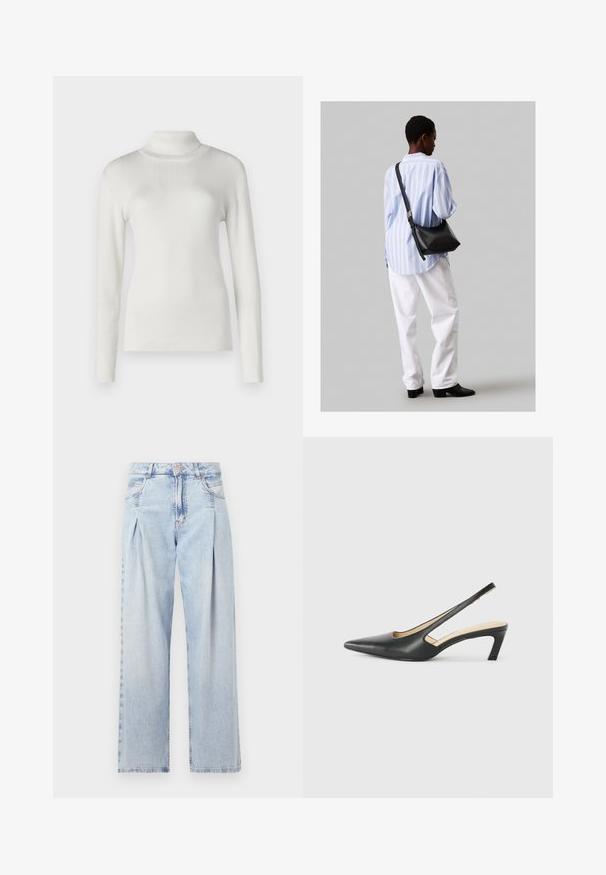 Pulover alb cu guler înalt, cu manșete lungi. Prezintă un design ajustat și o textură fină, potrivit pentru a fi purtat la straturi.; Jeans din denim albastru deschis cu talie înaltă, croială evazată, două buzunare laterale și un design pliat. Textură moale cu un finisaj decolorat.; Pantof cu toc mic, cu vârf ascuțit și slingback, realizat din piele netedă, având un design decupat pe lateral pentru respirabilitate.; Geantă de umăr din piele neagră cu o textură moale, formă triunghiulară și curea ajustabilă, asortată cu o bluză cu dungi albastre deschise și pantaloni albi.