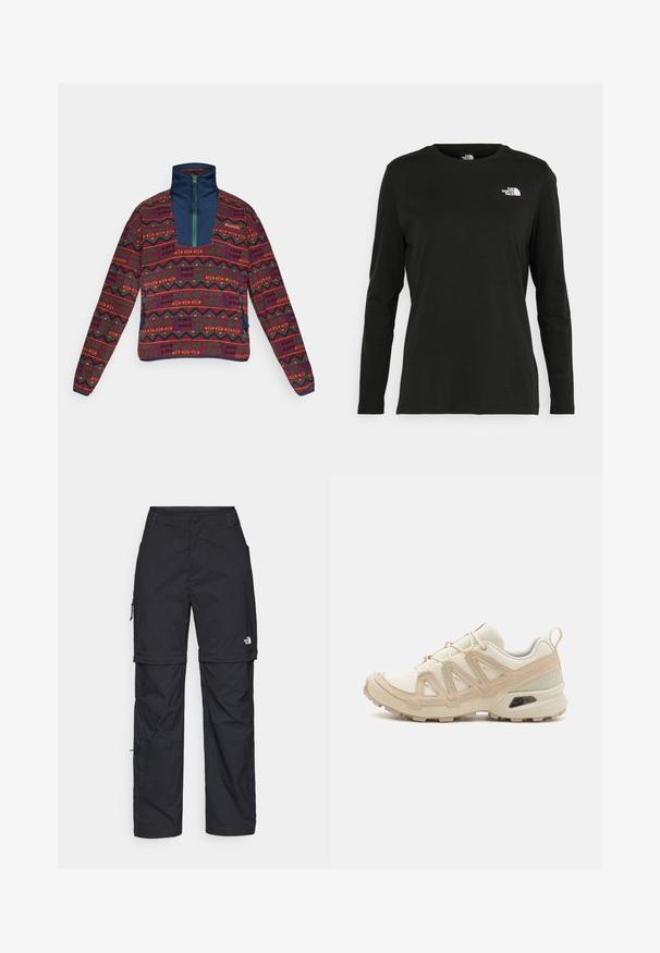 Pullover jacket featuring a geometric pattern in red, green, and yellow on a dark background. High collar with a green zipper; soft texture.; Black long-sleeve t-shirt made of cotton with a round neck. Features a small white logo on the left chest area. Simple design and fit.; Black nylon zip-off cargo trousers with adjustable cuffs, multiple pockets, and a logo on the right leg. Smooth, lightweight texture.; Beige and cream athletic shoe with textured mesh upper, supportive overlays, and rubber outsole featuring a tread pattern for traction.