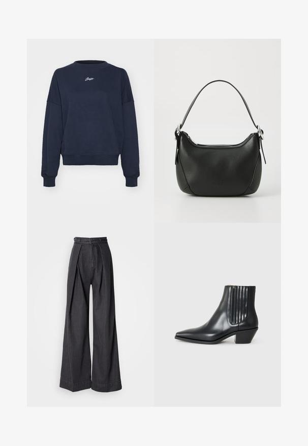 Jūras zilā džemperis, kas izgatavots no mīksta kokvilnas, ar apaļu kaklu, nokritušām plecu daļām un izšūtu logo uz krūtīm. Ikdienišķa piegriezuma, ribotām piedurknēm.; Platas kājas melni džinsa bikses ar augstu jostasvietu, ar priekšējiem krokām un klasisku rāvējslēdzēju. Ass, līdzenas tekstūras apdare.; Melnas ādas potītes zābaki ar izsistu purngali, elastīgām sānu paneļiem ar vertikālām grodām un zemu bloku papēdi. Gluda tekstūra un elegants dizains.; Melnas ādas rokassoma ar izliekumu formu, sudraba rāvējslēdzis un īsu rokturi. Priekšpusē ir smalks logo un gluda tekstūra.