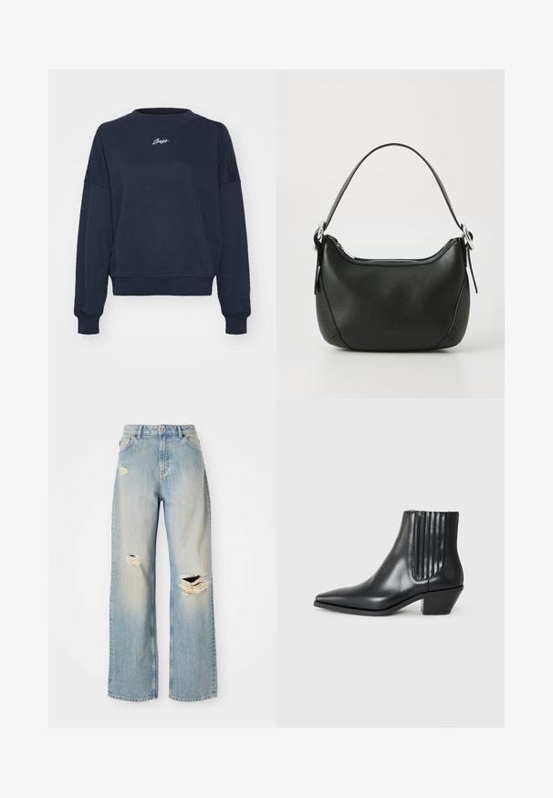 Sötétkék pulóver, puha pamutból, kerek nyakkal, lecsúsztatott vállakkal és hímzett logóval a mellkason. Lazán illeszkedő fazon, bordázott mandzsettákkal.; Világoskék, egyenes szabású farmernadrág, magas derekú, övhurkokkal, bal combon, jobb térden és bal lábszáron megviselt szakításokkal.; Fekete bőr bokacsizma hegyes orral, elasztikus oldalsó panelekkel, amelyek függőleges bemetszésekkel rendelkeznek, és alacsony blokk sarkú. Sima textúrájú és elegáns dizájn.; Fekete bőr kézitáska ívelt formával, ezüst cipzárral és rövid fogantyúval. Az elején diszkrét logó található, és sima tapintású.