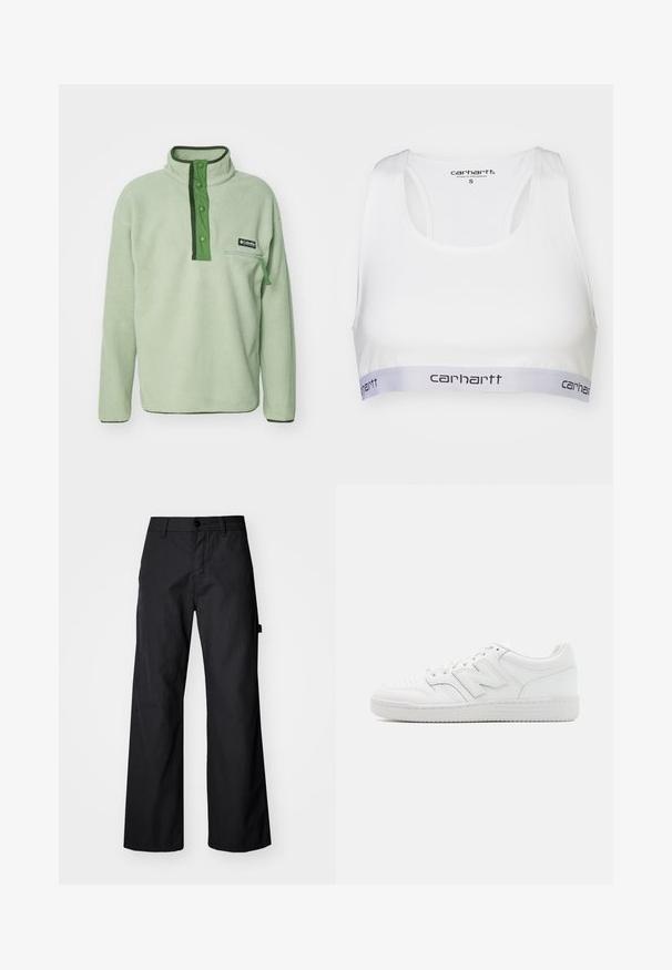 Ljust grön fleeceöverdel med hög krage, tryckknappsstängning och en dragkedjeförsedd bröstficka. Har mörkgröna detaljer och strukturerad tyg.; Vit sportig bh med en slät tygkvalitet, racerback-design och ett grått elastiskt band med Carhartt-logotypen i svart. Storlek small.; Svarta, vida byxor i slitstark tyg. Har knappstängning och sidofickor. Slät textur med en ren design.; Vit sneaker gjord av slätt läder, med perforerat tåskaft, en texturerad gummisula, platta snören och en framträdande 'N'-logotyp på sidan.